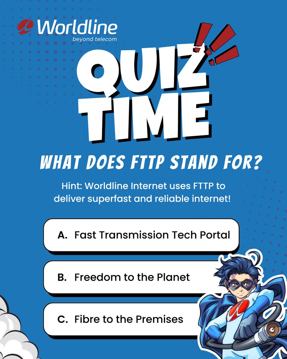 WorldlineCanada's tweet image. 🧠⚡ What does FTTP stand for?
Drop your guess below! ⬇️
(Hint: It’s the tech behind Worldline’s superfast, ultra-reliable internet!)

✅ Did you get it right?

#QuizTime #FTTP #Worldline #nternetProvider #Trivia #FunFact