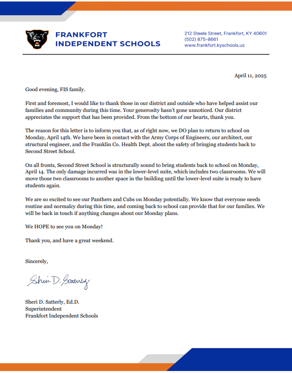 WeAreFrankfort's tweet photo. FIS Family -- Please see the letter below about a potential return to school on Monday, April 14, 2025. We are ready to welcome our Panthers and Cubs back into our buildings!

If anything changes before Monday, we will be back in touch.

#WeAreFrankfort
#WelcomeBackPanthers https://t.co/xUyVA1bNTJ
