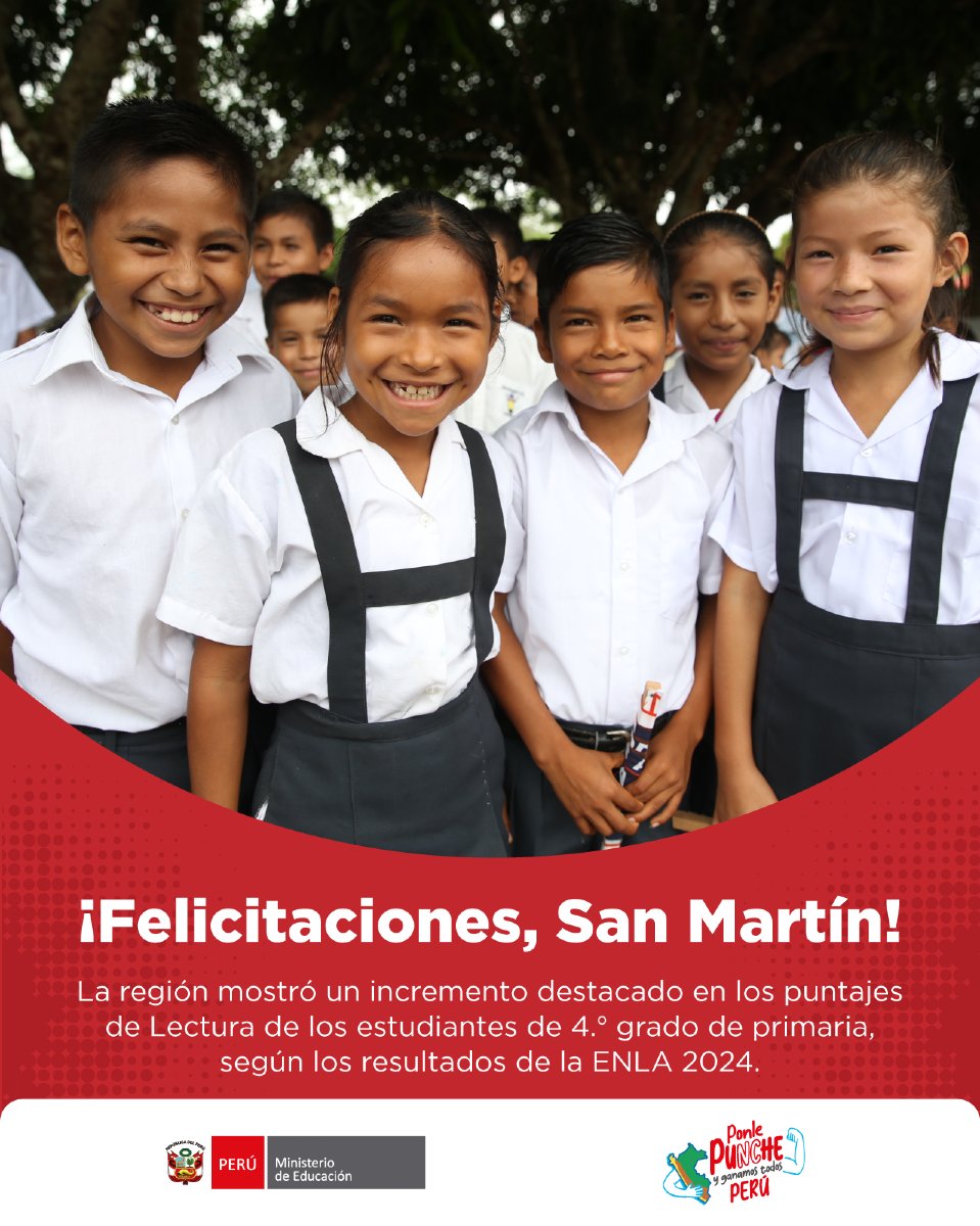 MineduPeru's tweet photo. ¡Orgullo de la región #SanMartín! Celebramos el esfuerzo de los estudiantes de 4.º grado de primaria y el compromiso de sus docentes, que lograron un notable avance en Lectura, según los resultados de la #ENLA 2024. #NDP
https://t.co/N4VlSpbCjf https://t.co/KDvI7RSciO
