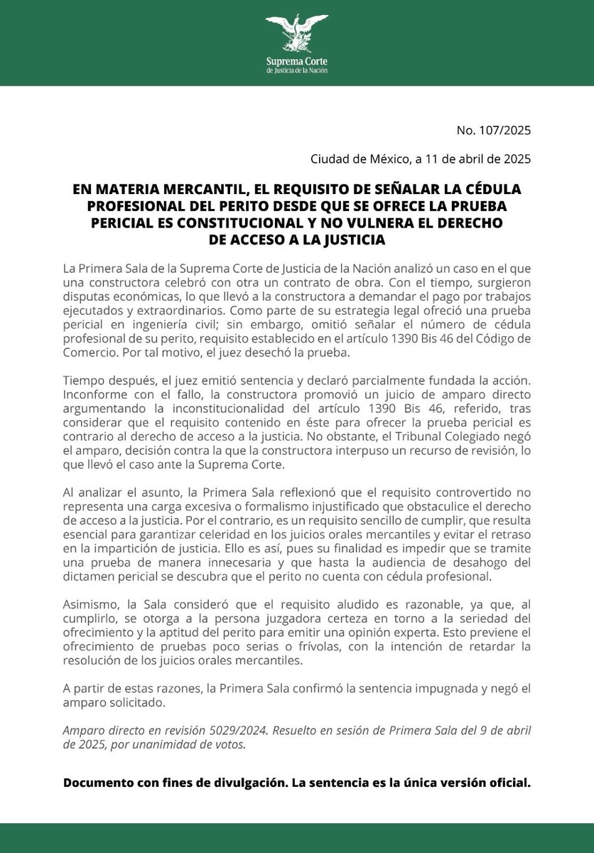 SCJN's tweet photo. En materia mercantil, el requisito de señalar la cédula profesional del perito desde que se ofrece la prueba pericial es constitucional y no vulnera el derecho de acceso a la justicia: #PrimersaSalaSCJN
https://t.co/Nq7lE5fhGV https://t.co/GW8OZKRCVe