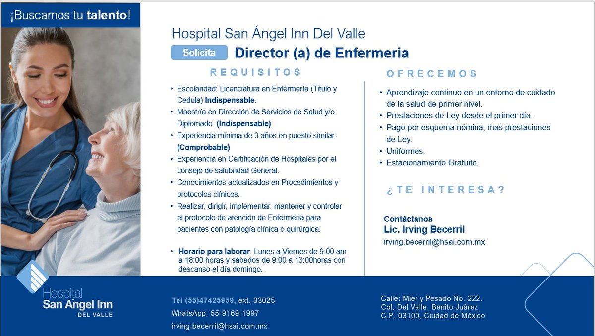 IvzaVonzai's tweet photo. 🔵 ¡ÚNETE A NUESTRO EQUIPO!

En Hospital San Ángel Inn Del Valle estamos en búsqueda de una o un profesional con liderazgo, vocación y experiencia para integrarse como:
👩‍⚕️ DIRECTOR(A) DE ENFERMERÍA 👨‍⚕️
Sé parte de un entorno humano, profesional y con oportunidades de desarrollo. https://t.co/uGYwmeSuhk