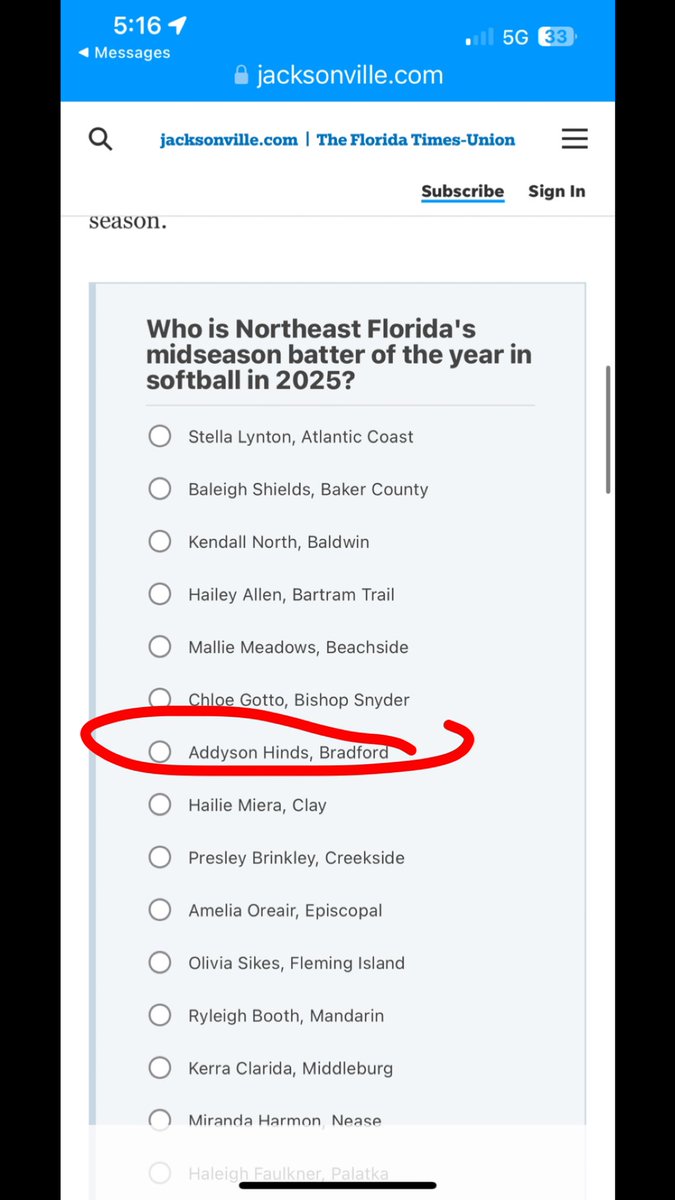I have been put in the poll for the mid season batter of the year!! Very excited!! Please go vote for me!! jacksonville.com/story/sports/h…  
<a href="/UNCSoftball/">Carolina Softball</a> <a href="/Keiser_Softball/">Keiser Softball</a> <a href="/DukeSOFTBALL/">Duke Softball</a> <a href="/USASoftball/">USA Softball</a> <a href="/JaxStateSB/">Jax State Softball</a> <a href="/UWSoftball/">Washington Softball</a> <a href="/D1Softball/">D1Softball</a> <a href="/FIUSoftball/">FIU Softball</a>