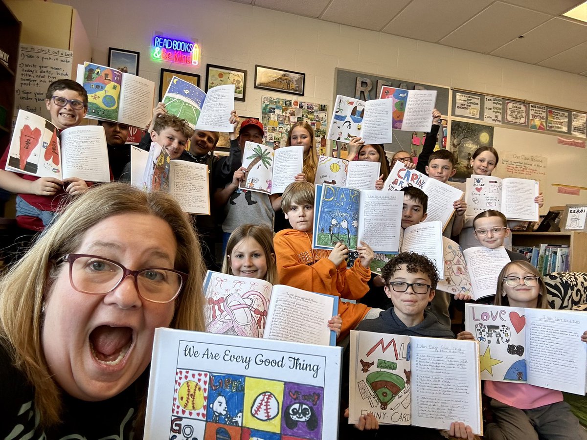 KReilley5's tweet photo. So happy to celebrate these published authors! Loved the inspiration from Derrick Barnes and @GordonCJamesArt I Am Every Good Thing for our #studenttreasures poetry book! https://t.co/NyGb3yrvIK
