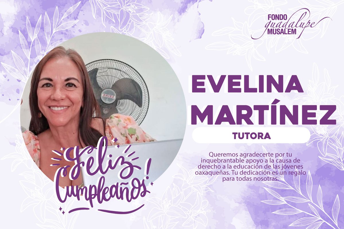¡Feliz cumpleaños, querida tutora querida Evelina ! 

Gracias por tu compromiso, entrega y acompañamiento generoso a nuestras becarias.
Hoy celebramos tu vida con gratitud y admiración, deseándote un nuevo año lleno de salud, alegrías y satisfacciones. 

#TuDonativoCambiaSuVida