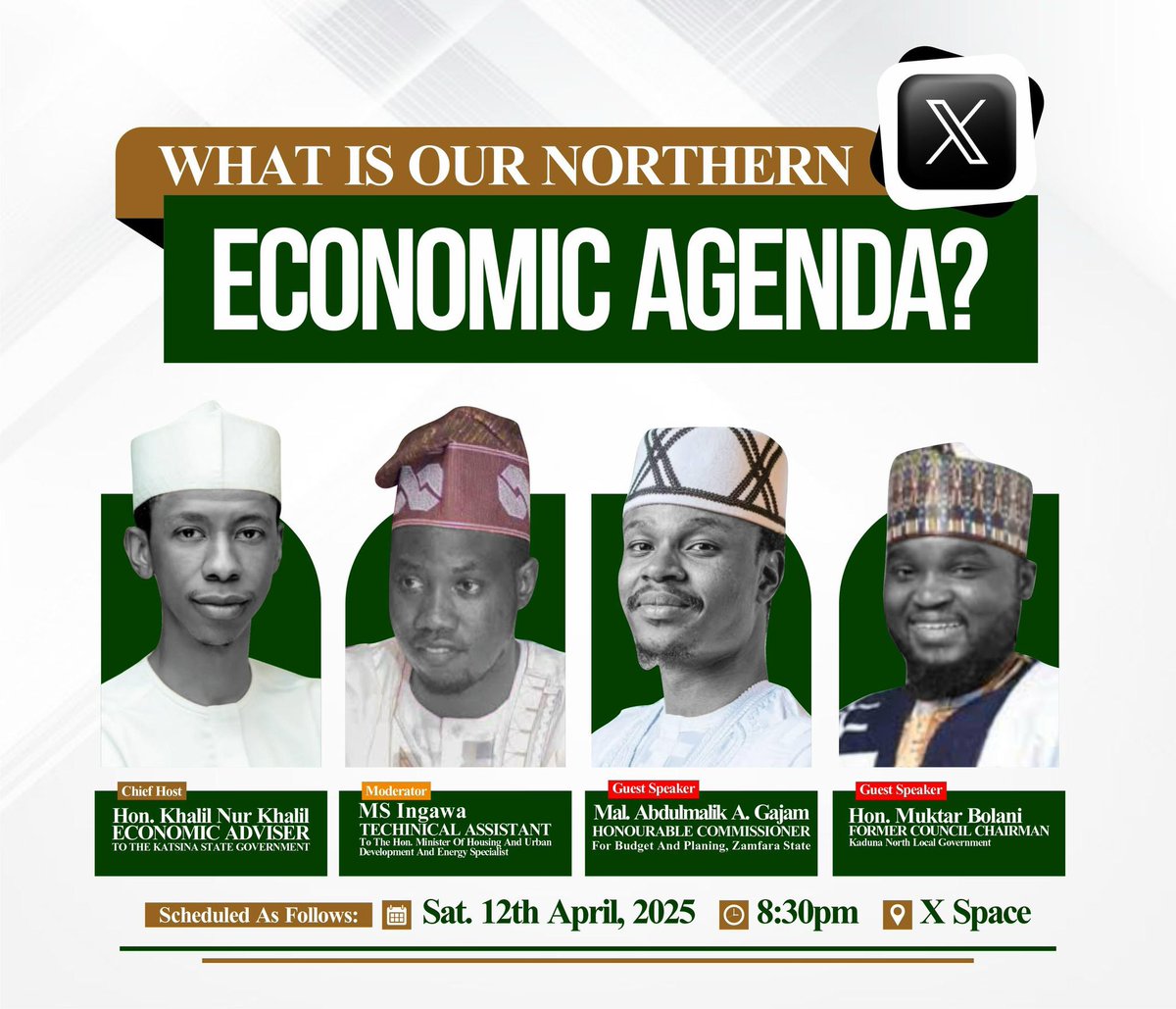 MSIngawa's tweet photo. Does Northern Nigeria as a region have an Economic Agenda for sustainable development and prosperity? 

What if we start developing one? 

Join our conversation tomorrow on a twitter space to initiate an inspiring and prosperous journey to salvaging our region and by extension our country. 

Host: @KTP92 
Moderator: @MSIngawa 
Speakers: @muktarbaloni  and Abdulmalik Gajam

See you tomorrow