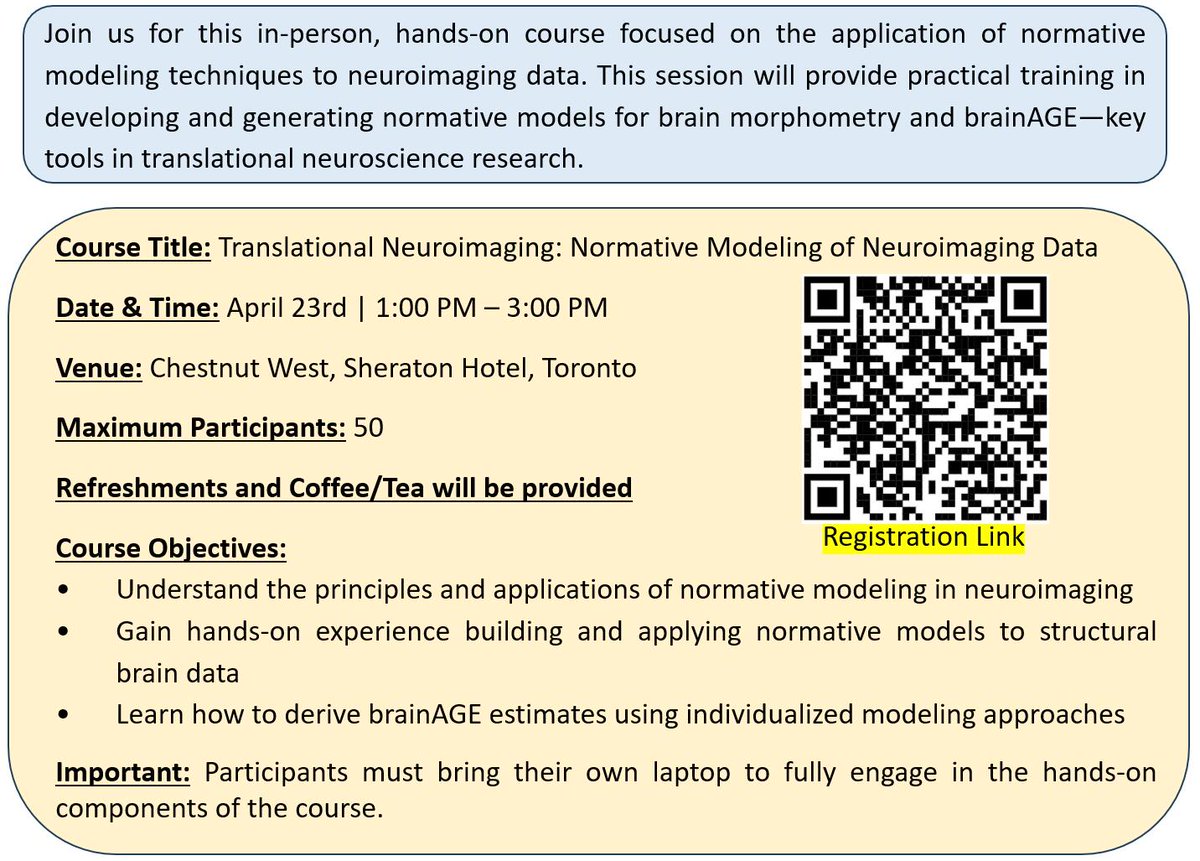 TranslationalNI's tweet image. We are organizing a FREE translational neuroimaging educational course on April 23rd 2025, at the @SOBP Annual Meeting in Toronto, Canada🇨🇦.
Space is limited to 50 participants, early registration is highly encouraged. To register please use this link: sobp.societyconference.com/v2