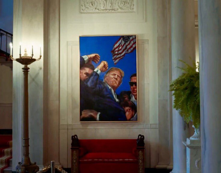 LiddleSavages's tweet image. The White House is officially a shrine to Donald Trump. 

Trump replaced President Obama’s White House portrait with his famous staged assassination portrait. 

#StagedAssassination