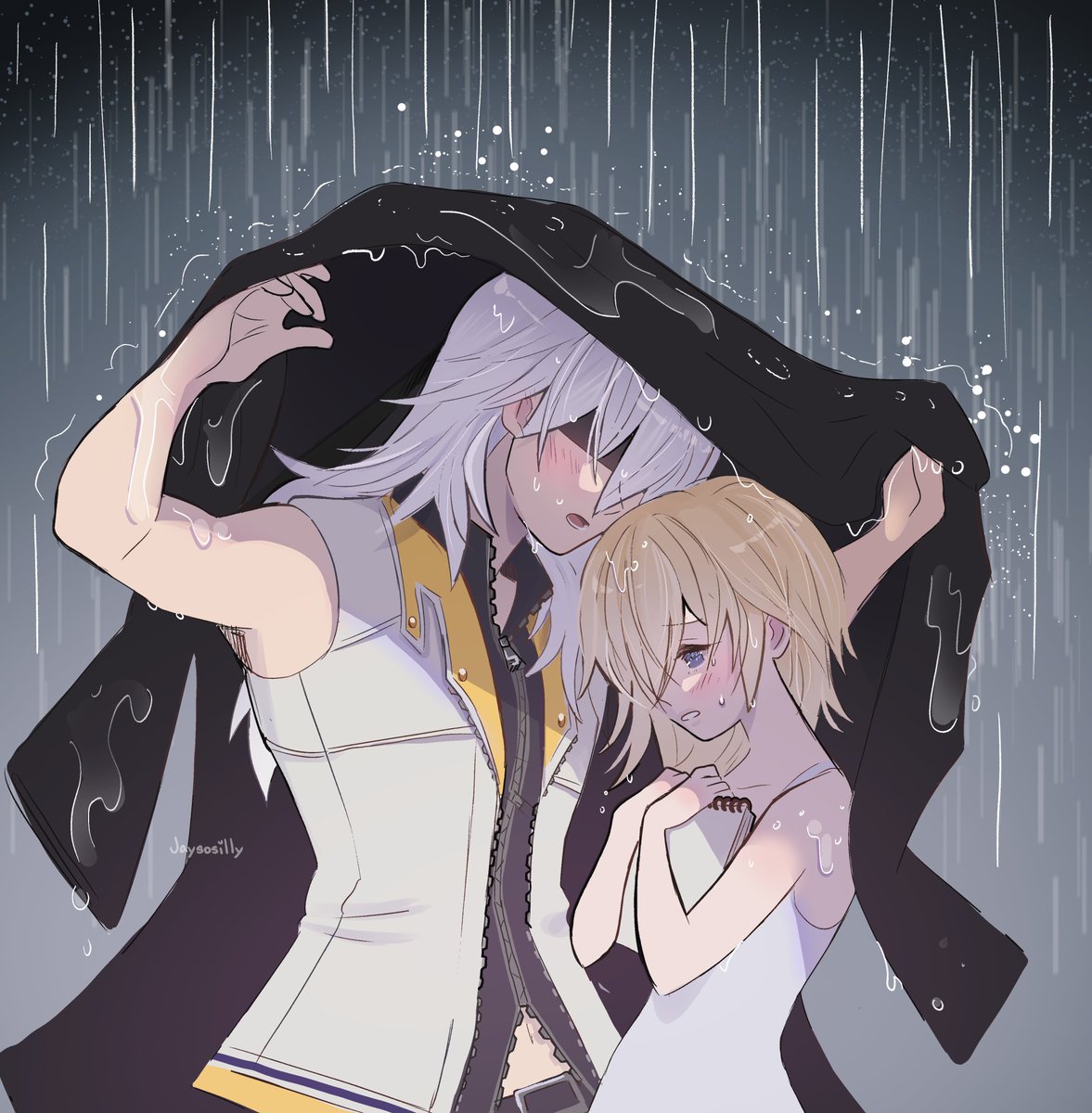 #monthlyRKNM prompt: rain
he didn't let her sketchbook get soaked!
 
#rikunami #namiku #リクナミ #陸波