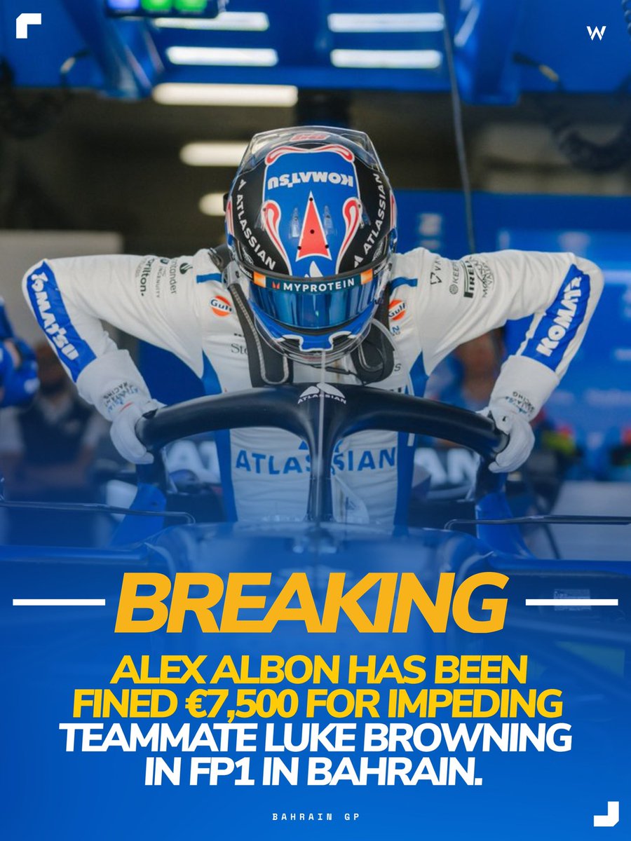 Alex Albon has been fined €7,500 for unnecessarily impeding Car 46 (BRO) in FP1. 👀

#F1 #FormulaOne #Williams #WilliamsRacing #BahrainGP