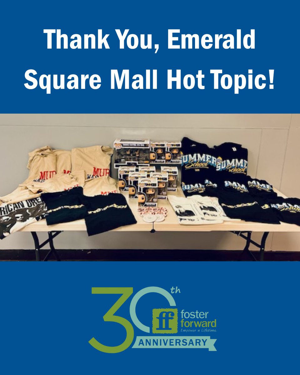 ✨A big THANK YOU to Hot Topic at Emerald Mall for their generous donation of T-shirts, pins, and Funko Pops! Your support helps bring smiles and excitement to the youth in our programs. We’re so grateful for your kindness! 💚

#ThankYou #HotTopic #CommunitySupport #FosterForward