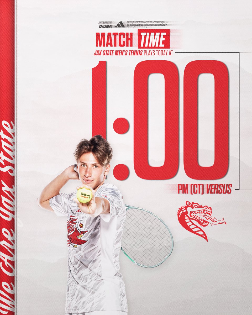Closing out the regular season against a rival 😤

🆚 UAB
⌚️ 1 P.M.
📍 Jax State Tennis Courts

#StayCocky🐔 | #FearTheBeak👌