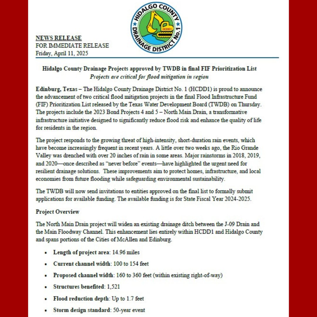 hcdd_1's tweet photo. 🚨 Big win for Hidalgo County! Two flood mitigation projects, including North Main Drain, made the final TWDB FIF list! 🌧️
✅ 1,500+ structures benefited
✅ Up to 1.7 ft flood reduction
✅ 50-year storm protection
Details: https://t.co/ftlep04lgG

#HidalgoCounty #gohcdd1 https://t.co/Cu8qKNEjAe