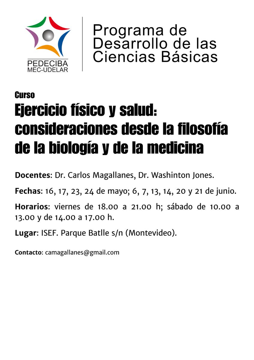Estimados estudiantes, difundimos el curso PEDECIBA Biología "Ejercicio "Físico y Salud: consideraciones desde la filosofía de la biología y de la medicina"