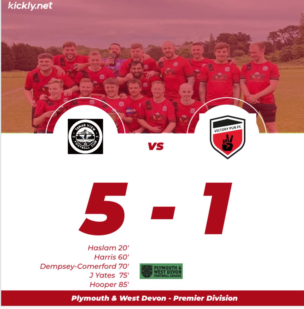 Tamar View 5-1 Victory Pub FC

Haslam ⚽️
A.Harris ⚽️
Dempsey Comerford ⚽️
J.Yates ⚽️
Hooper ⚽️

Tamar return to winning ways after a Friday night victory 👊🏻