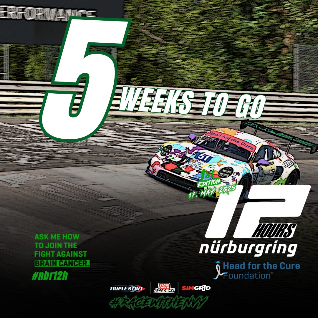 envysimsports's tweet photo. 5⃣ WEEKS TO GO!
Register your team and join the fight against #braincancer➡️ https://t.co/M0Vjv4rKZ4
See you on the grid! #nbr12h
#RaceWithEnvy @HeadfortheCure #simracing @triple_stint @GTChampions_ @iRacing #GTCtv #pitroadproductions @sim_grid @coachdavesetups #greenhell #iracing #nurburgring #nordschleife #beatcancer #headforthecure #envysimsports
