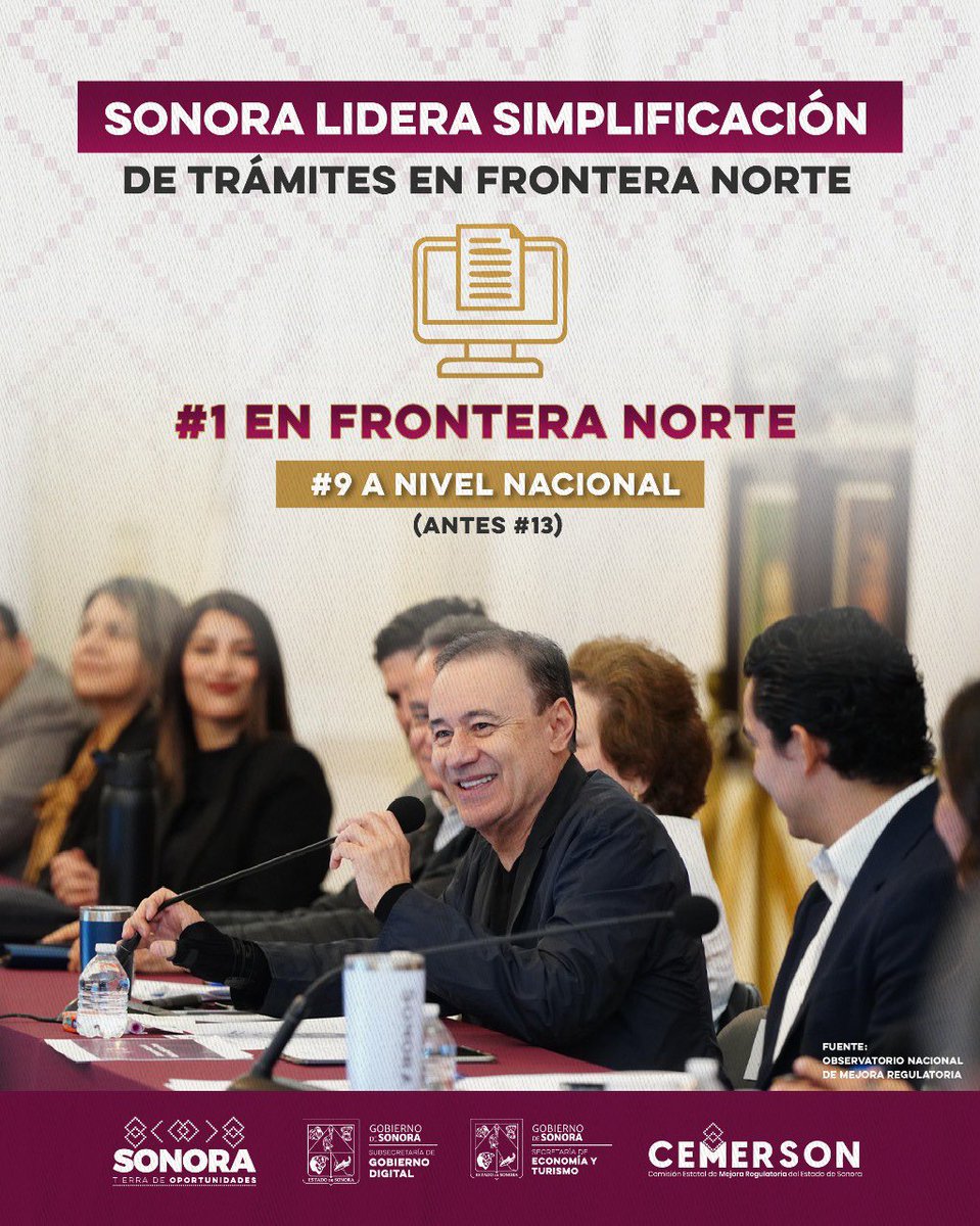 AlfonsoDurazo's tweet photo. Desde el inicio de mi gobierno, nos propusimos consolidar la mayor simplificación administrativa en la historia de Sonora.

Hoy seguimos cumpliendo: somos el primer lugar de la frontera norte en simplificación de trámites.

Esto significa menos pasos innecesarios, más eficiencia y mejores condiciones para la inversión y el desarrollo económico de nuestro estado.