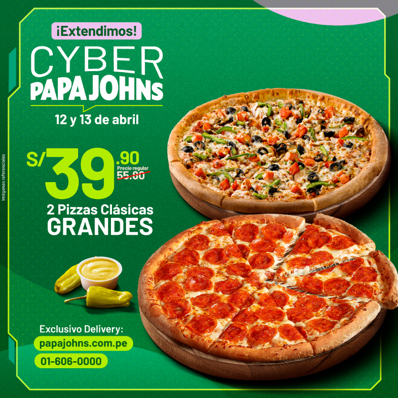papajohnsPE's tweet photo. Sabemos que querías más… y te lo damos. El Cyber sigue hasta el 13 de abril con pizzas desde S/29.90 en web y call ☺️💚 https://t.co/CmGtzF1YQF