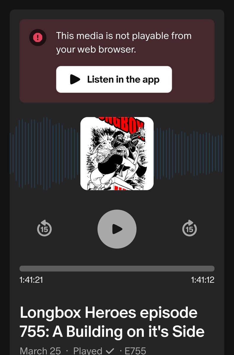 Haven't had my <a href="/LongboxHeroes/">Longbox Heroes</a> fix this week due to <a href="/Patreon/">Patreon</a> making it more difficult to listen to. <a href="/PatreonSupport/">Patreon Support</a>