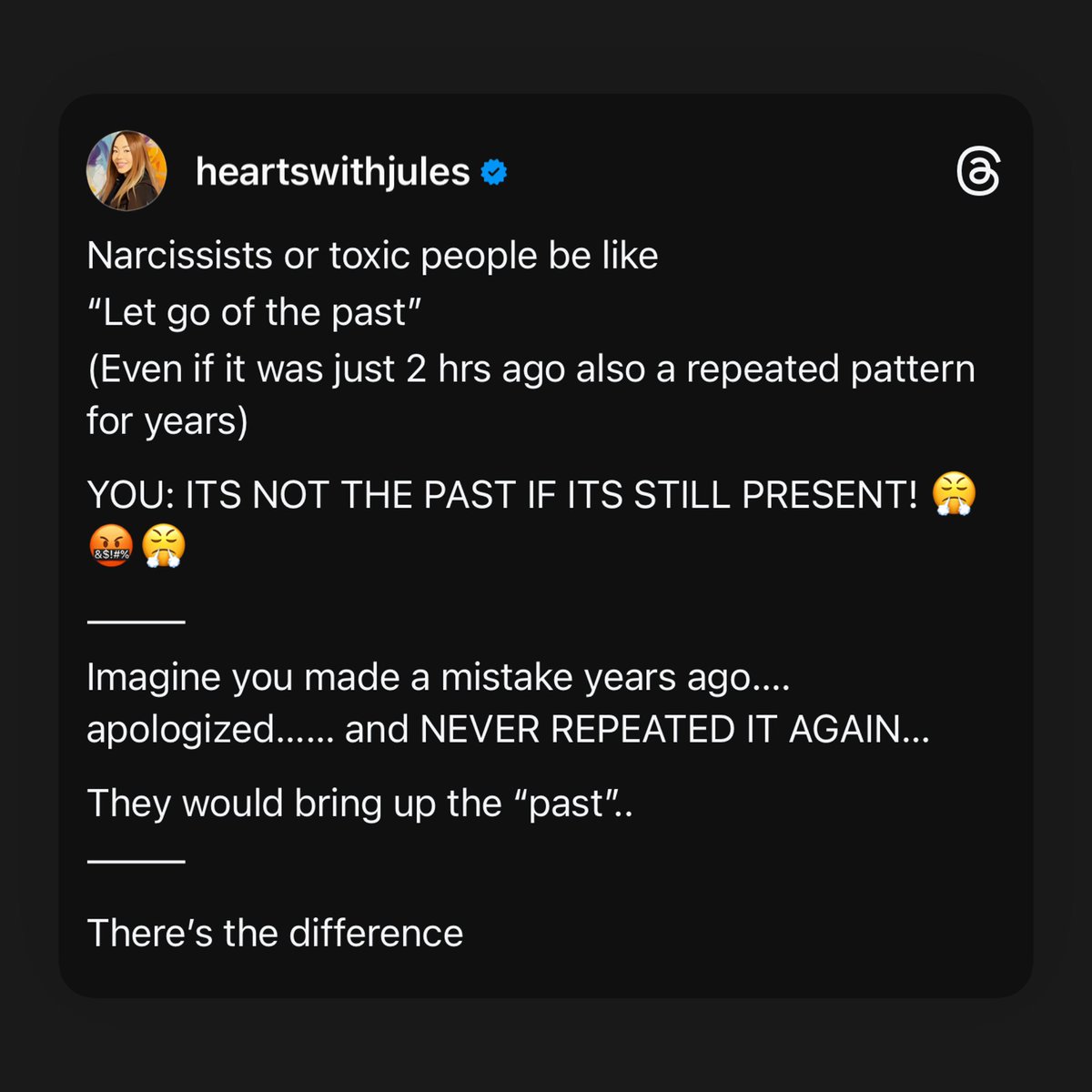 heartswithjules's tweet photo. #letgoofthepast #narcissistsbelike #narcissists #toxicpeople #toxicpeoplecheck #zeroaccountability #avoidingaccountability https://t.co/KQQS9mQig7