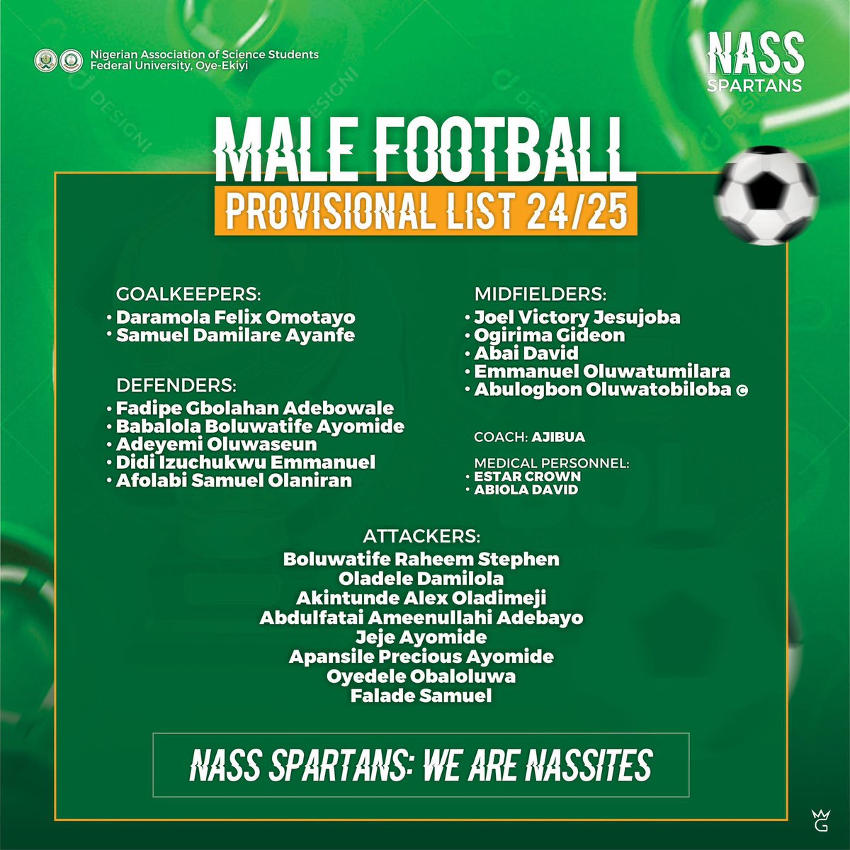 FUOYE_SPORTS's tweet photo. The boys from Science are not here for lab experiments as theyβve officially dropped their squad list for the FUOYE Sports Festival, and itβs looking dangerously calculated!
Could this be the formula for dominance on the pitch? H2Win? π
#FUOYESportsFestival #GameOnFUOYE https://t.co/aaaGmkJlkl