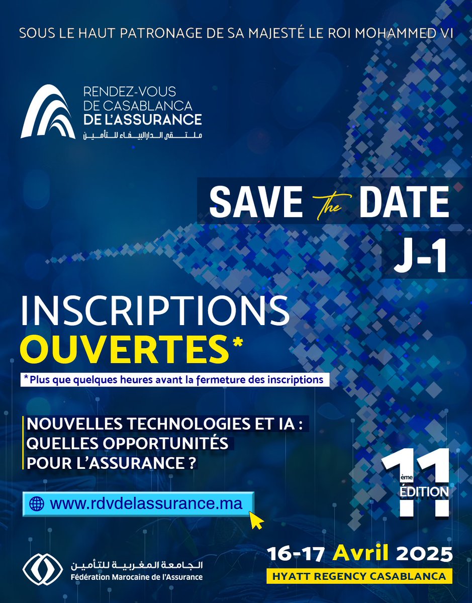 Rdv_Casa_Assurance (@rdvcasassurance) on Twitter photo Clôture imminente des inscriptions au <a href="/rdvcasassurance/">Rdv_Casa_Assurance</a>
Professionnels de l’assurance, vous avez encore quelques heures pour rejoindre les intervenants, décideurs et experts réunis autour du thème « Nouvelles technologies et IA : quelles opportunités pour l’assurance ? » Clôture imminente des inscriptions au <a href="/rdvcasassurance/">Rdv_Casa_Assurance</a>
Professionnels de l’assurance, vous avez encore quelques heures pour rejoindre les intervenants, décideurs et experts réunis autour du thème « Nouvelles technologies et IA : quelles opportunités pour l’assurance ? »