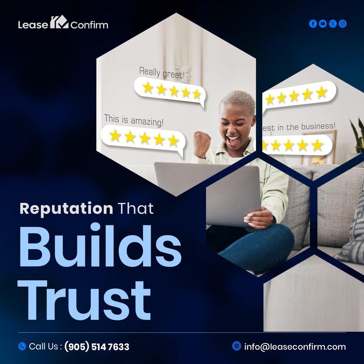leaseconfirm's tweet photo. What if your rental history could speak for itself?
With LeaseConfirm's Rating &amp; Review system, it does.
- Verified reviews
- Transparent feedback
- Build trust for future rentals

https://t.co/Ojcz1jZaqa |  info@leaseconfirm.com | (905) 514-7633
#LeaseConfirm #RentalReputation https://t.co/ECqj3pLcru
