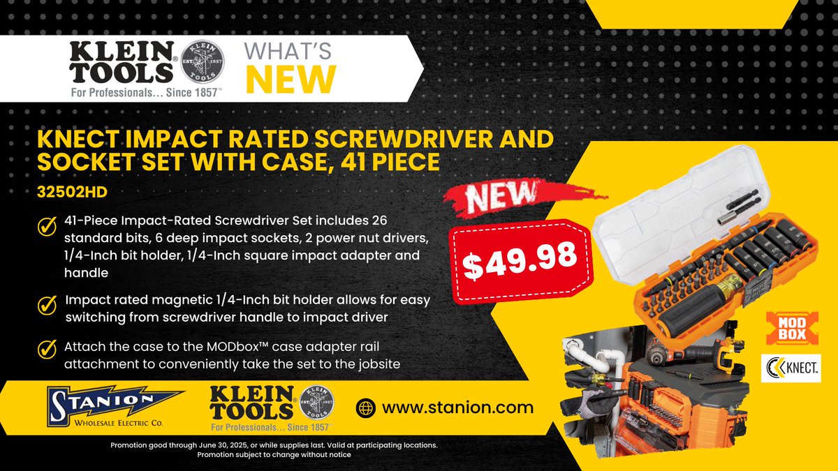 StanionElectric's tweet image. 🛠️Don&apos;t miss your chance to enhance your toolkit with the Klein Knect Impact Rated Screwdriver and Socket Set, at a great price! 🎉 Drop by your local Stanion branch to get your hands on this before the promotion ends June 30th!

#KleinTools #New #QualityTools #ToolsForPros