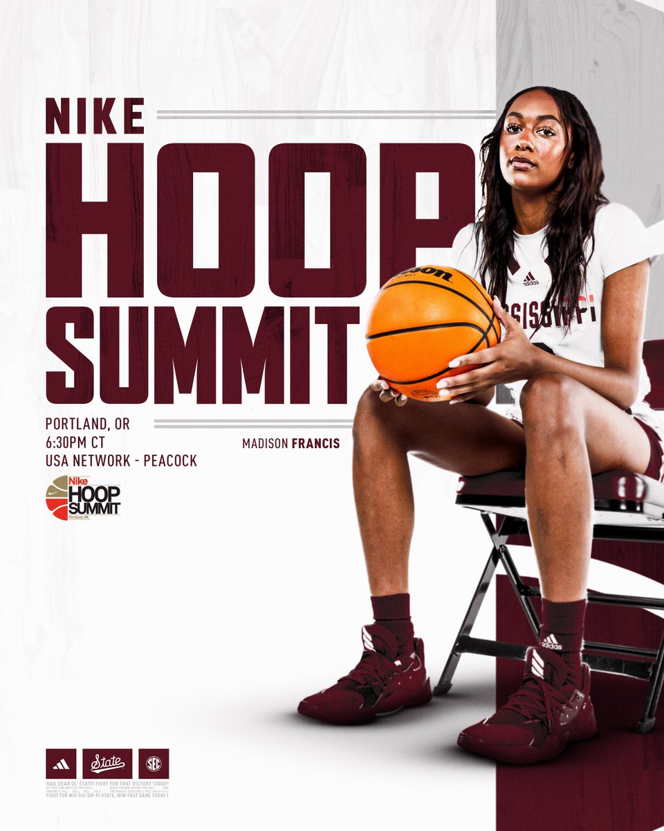 Mississippi State Women's Basketball (@hailstatewbk) on Twitter photo Catch Madison Francis in the Nike Hoop Summit game tomorrow!
⏰» 6:30 p.m. CT
📺» USA Network / Peacock
#HailState || <a href="/Madison28185042/">Dabeautifulballa40</a> Catch Madison Francis in the Nike Hoop Summit game tomorrow!
⏰» 6:30 p.m. CT
📺» USA Network / Peacock
#HailState || <a href="/Madison28185042/">Dabeautifulballa40</a>