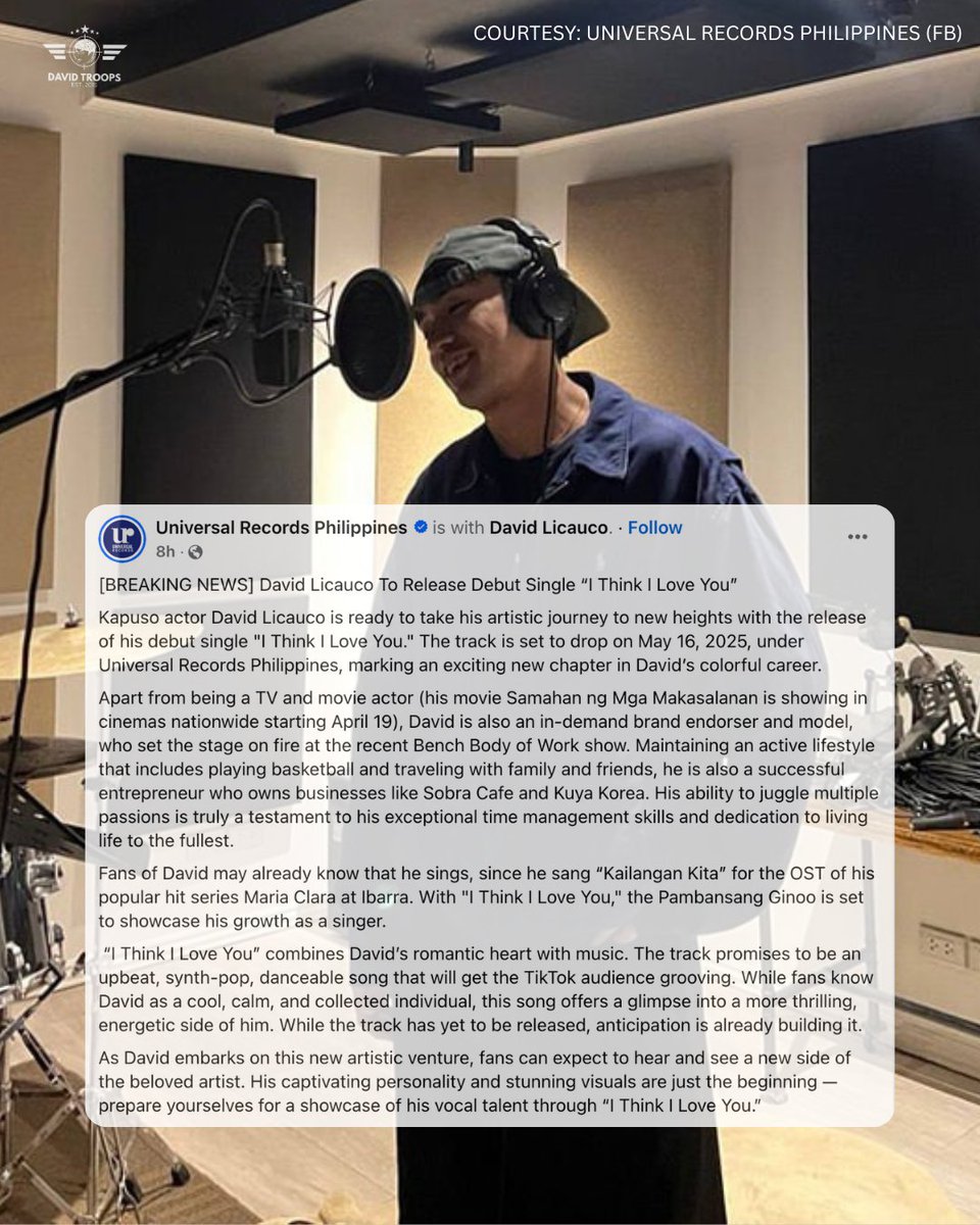 DavidTroopsOFC's tweet photo. Congratulations, David Licauco the Recording Artist! We can't wait for the release of your Debut Single "I Think I Love you"! 🙌
From lighting up the screens to serving up success in business, now stepping into music with heart and soul. Your passion for life and fearless pursuit of your dreams inspire us, @davidlicauco! 💙
#DavidLicauco #recordingartist #comingsoon #UniversalRecordsPhilippines
Courtesy: Universal Records Philippines (Fb)