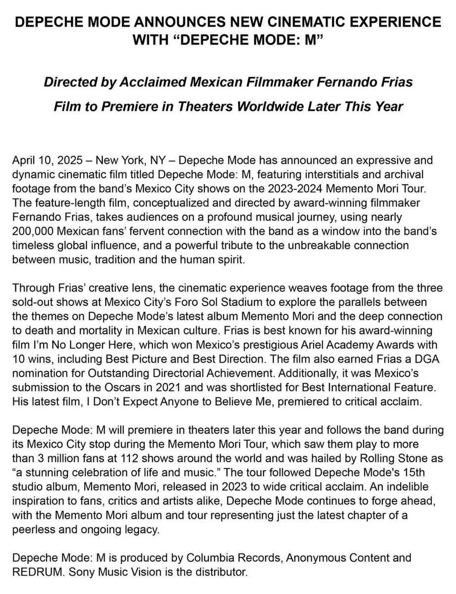 M
Depeche Mode
Official Press Release

#M #DepecheMode #MementoMoriTour
