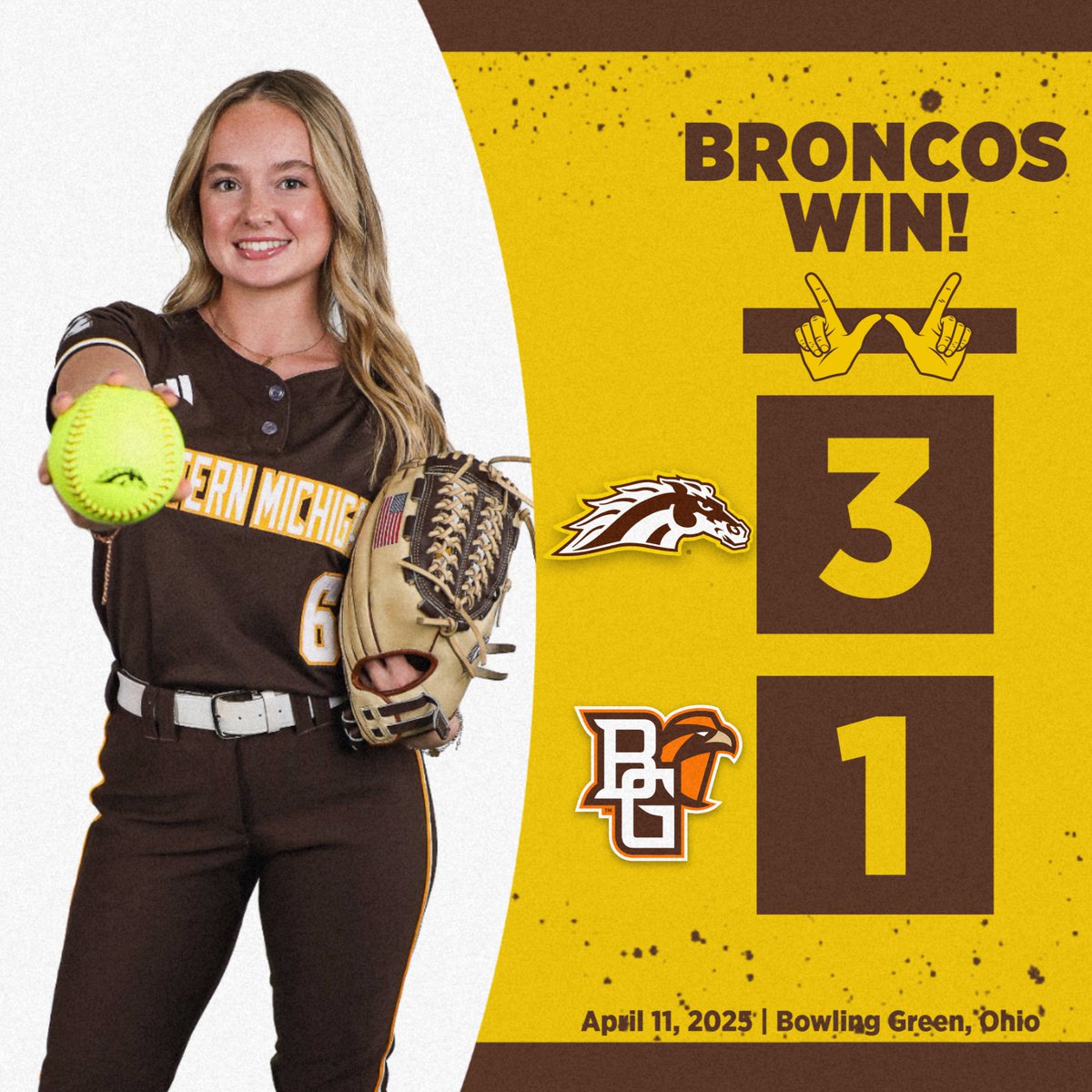 DUBS UP!!!

<a href="/KayleeSalyer/">Kaylee Salyer</a> pitches a 2-hitter and the Broncos score two in the 6th and 1 in the 7th to take down Bowling Green!