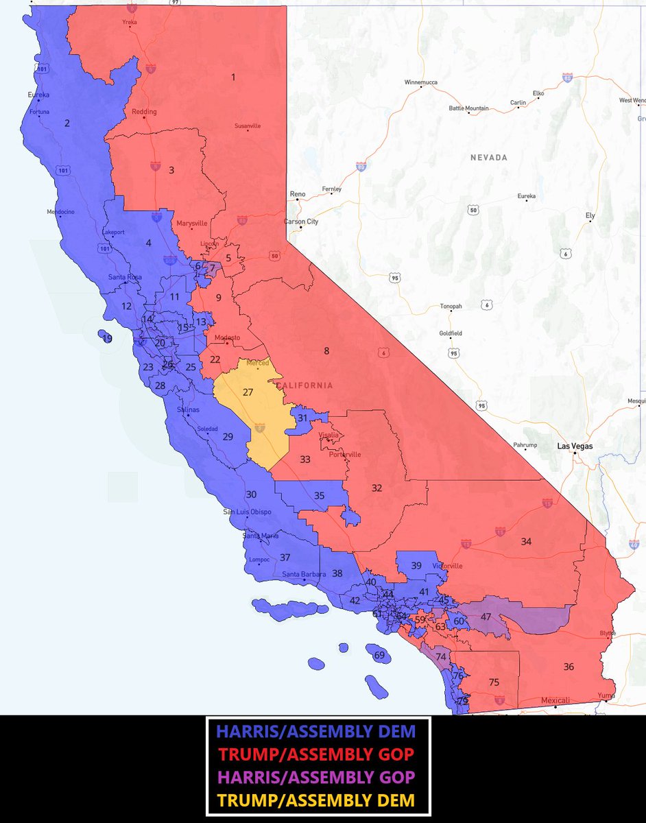 Uncrewed's tweet photo. Despite Trump massively improving in California (compared to 2016/2020), there's still a decent amount of Harris/Assembly GOP seats left (4).

Also, #AD27 is the first Assembly district to vote Republican for President and Democrat for Assembly in at least two decades! https://t.co/6LH5owPdg1