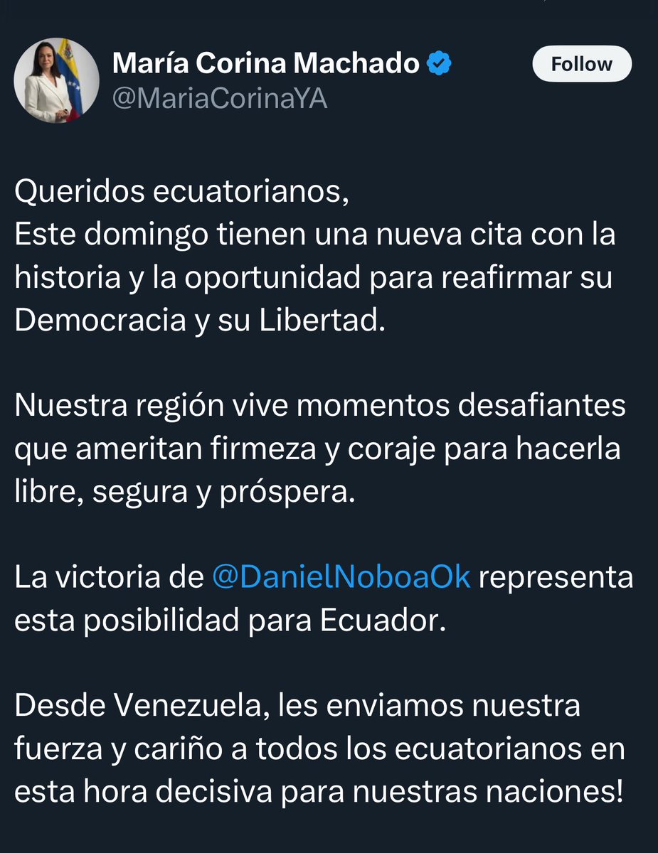 UHN_Plus's tweet photo. 🇻🇪🇪🇨 | ÚLTIMA HORA 

María Corina Machado respalda abiertamente a Daniel Noboa y llama a los ecuatorianos a votar por él este domingo: “Su victoria representa una oportunidad para reafirmar la democracia y la libertad en nuestra región”. https://t.co/dx0PU7UK7q