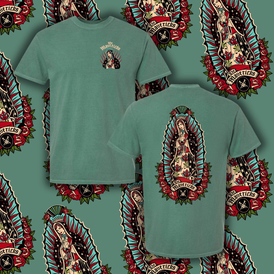 MavericksMusic's tweet photo. New Merch Alert‼️ Head over to https://t.co/vVwXyUmM1B now to shop our latest colorways while supplies last!

🙏 Our Lady Guadalupe Green Tee
💀 Tie Dye Skull Crewneck

#TheMavericks #NewMerchDrop https://t.co/v0LHOi3JoX