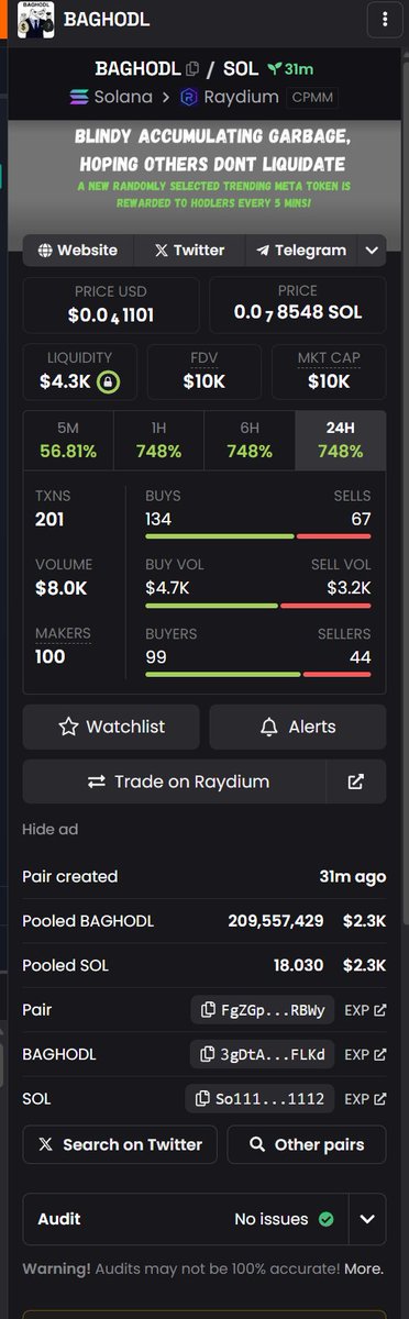 We are now LIVE on DEX!  Currently rewarding in REFI (Retarded Finance) tokens! We switch it up constantly to keep up with the current meta!  Blindly Accumulating Garbage, Hoping Others Don't Liquidate (BAGHODL)!

CA: 3gDtATwNzdRPim1qFUZjKxaCZPbubo7GgLXd6yy3FLKd