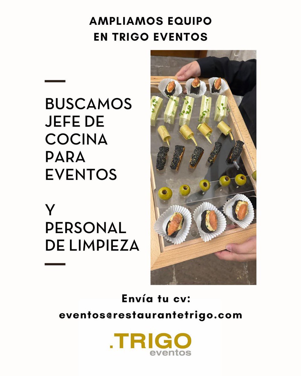 ¿𝗤𝘂𝗶𝗲𝗿𝗲𝘀 𝘁𝗿𝗮𝗯𝗮𝗷𝗮𝗿 𝗰𝗼𝗻 𝗻𝗼𝘀𝗼𝘁𝗿𝗼𝘀 𝗲𝗻 𝗧𝗿𝗶𝗴𝗼 𝗘𝘃𝗲𝗻𝘁𝗼𝘀?

Buscamos jefe de cocina para eventos 
y personal de limpieza. 

𝗘𝗻𝘃𝗶́𝗮 𝘁𝘂 𝗰𝘃 𝗮:
𝗲𝘃𝗲𝗻𝘁𝗼𝘀@𝗿𝗲𝘀𝘁𝗮𝘂𝗿𝗮𝗻𝘁𝗲𝘁𝗿𝗶𝗴𝗼.𝗰𝗼𝗺

#empleo #trabajo #hosteleria #Valladolid