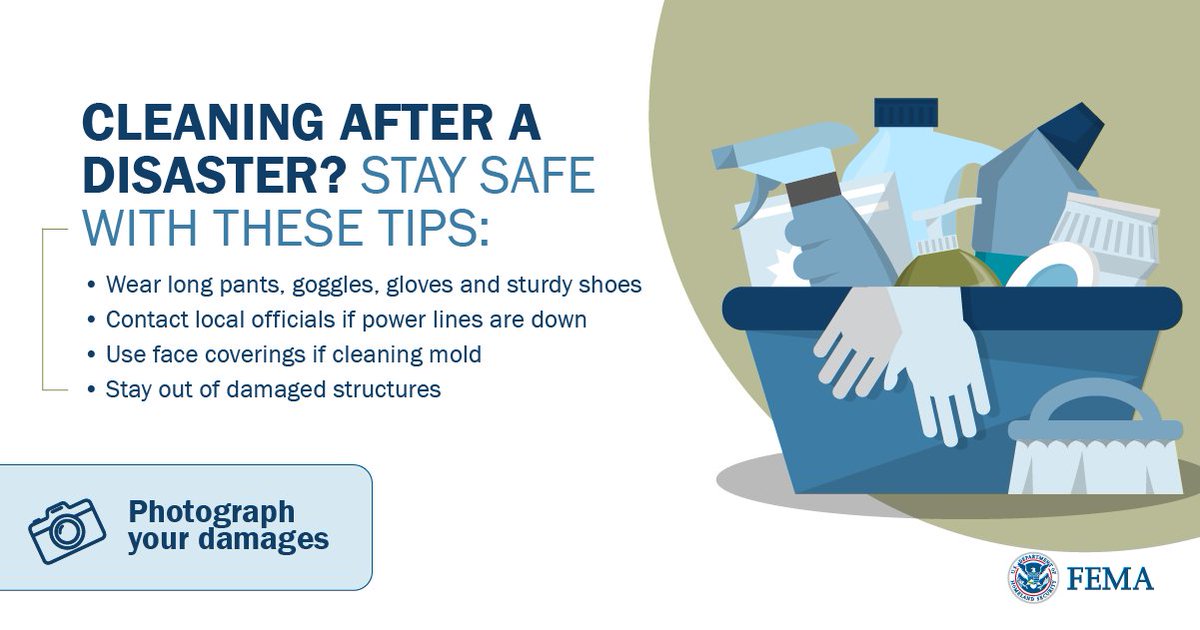 fema's tweet photo. Floodwater and flood-damaged items can pose serious health risks. Ensure you and your loved ones wear protective gear while cleaning up your home.

Your state or local emergency management agency will have information on local resources available for help cleaning up, if needed. https://t.co/DbSR5Nydvi