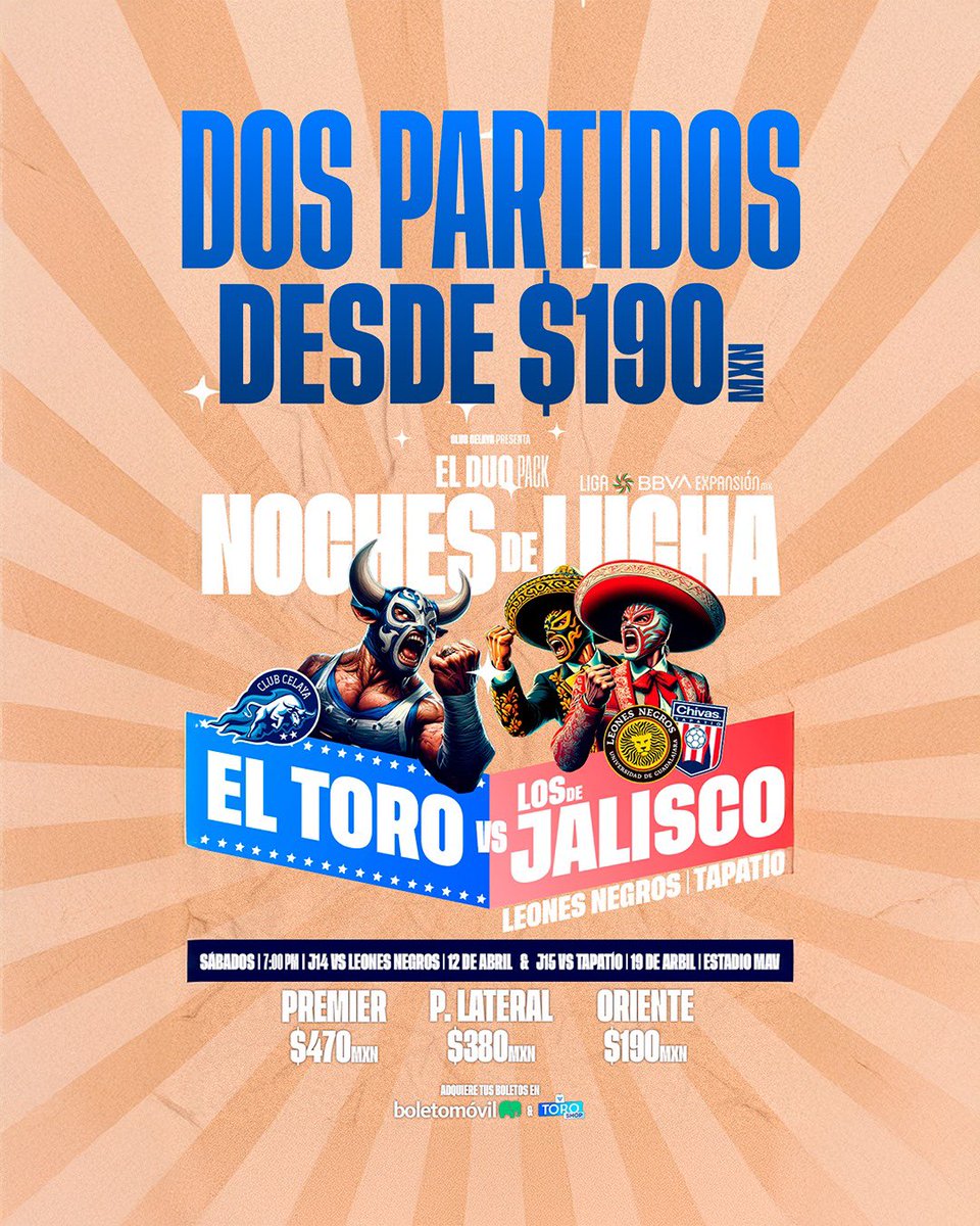 TorosCelayaCD's tweet image. 🎟️ | ¡DOS JUEGOS POR $190 PESOS! 😱

¡Aprovecha esta gran promoción! 🤩

💙⚡️ Tenemos DOS JUEGOS a PRECIO ESPECIAL 💸 porque el fútbol se vive con amigos y en familia  🙌 ¡AQUÍ! 🤝 te dejamos los precios del #DuoPACK para la #J14 &amp;amp; #J15 ¡Es momento de hacer de nuestra casa una