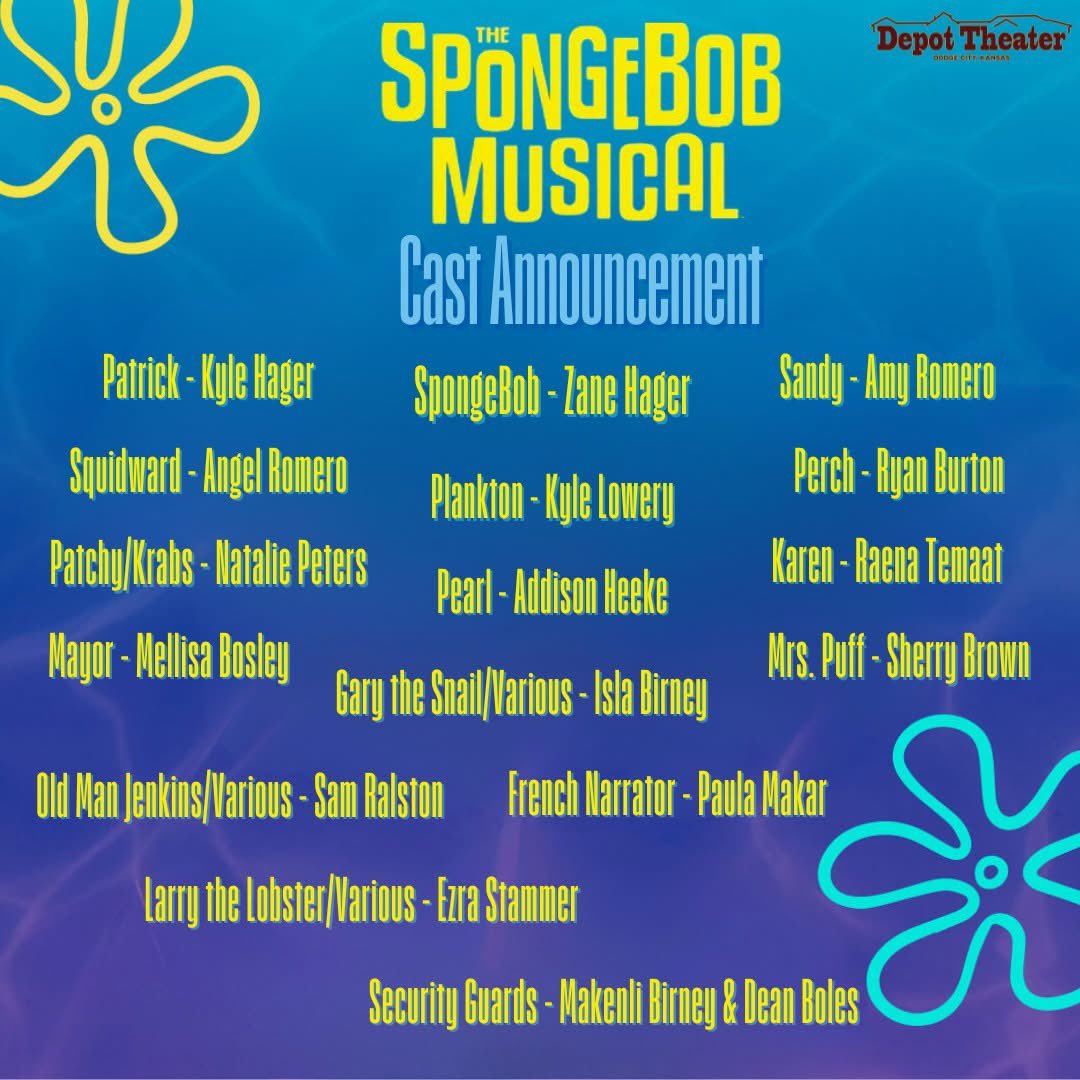 DepotTheater's tweet photo. Are you ready kids (of all ages)?!

We are happy to announce the cast of The SpongeBob Musical!

They are already hard at work rehearsing to bring this "underwater" adventure to life for you to enjoy! Get your tickets now at 620-225-1001 or by visiting https://t.co/90r8LTiQmu https://t.co/cHHLQYl7MQ