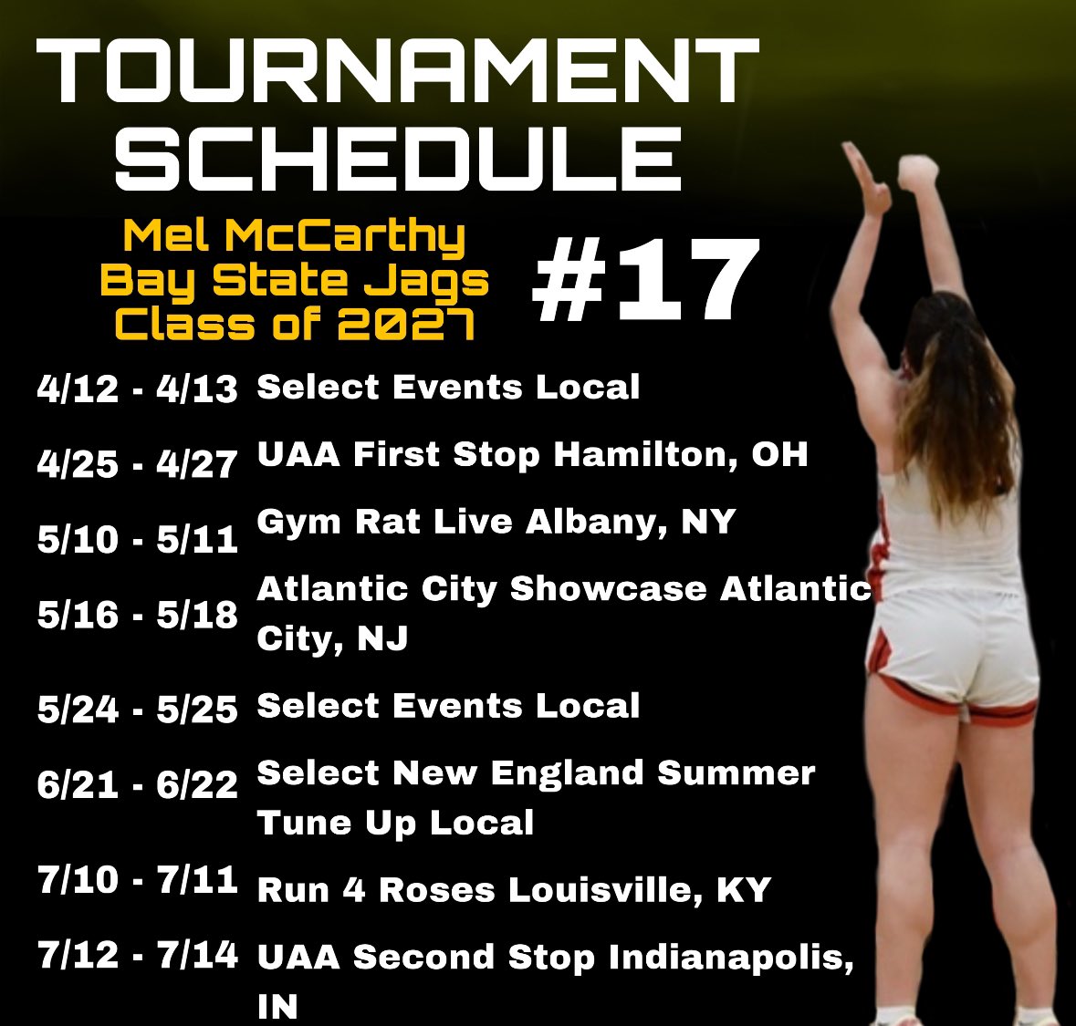 Mel McCarthy (@melmccarthyyy) on Twitter photo My schedule for AAU this year! Can’t wait to get started with the jags 💛 <a href="/BayStateJags/">Bay State Jaguars</a> <a href="/Bedford_NH_GVBB/">Bedford (NH) Girls Basketball</a> <a href="/TheCoachGibbs/">Kevin Gibbs</a> My schedule for AAU this year! Can’t wait to get started with the jags 💛 <a href="/BayStateJags/">Bay State Jaguars</a> <a href="/Bedford_NH_GVBB/">Bedford (NH) Girls Basketball</a> <a href="/TheCoachGibbs/">Kevin Gibbs</a>