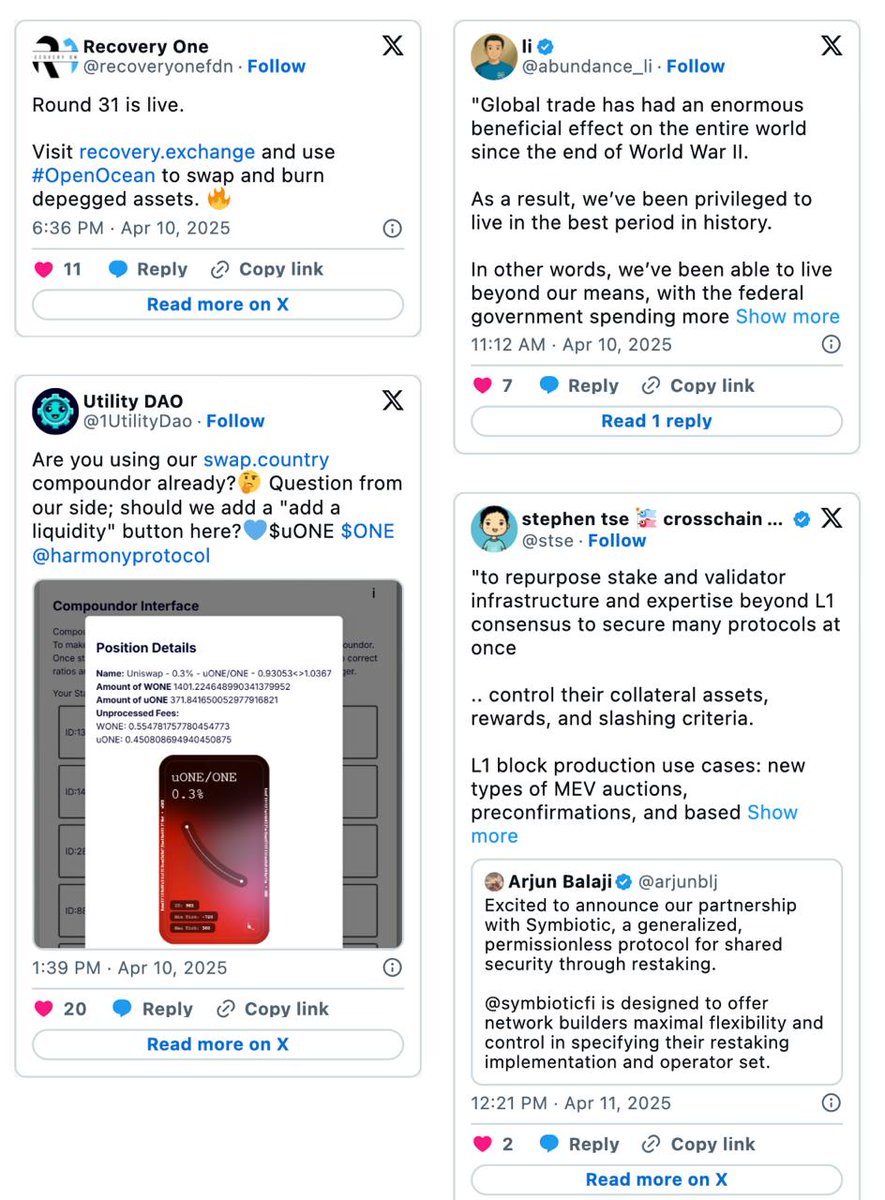 harmonyprotocol's tweet photo. This week on Harmony 💙

🌱Round 31 of @recoveryonefdn is live
↔️Try the @1UtilityDao swap compounder! 
🤝 @abundance_li on why today’s uncertainty is a chance to rebuild through Web3
 📊@stse on Symbiotic restaking https://t.co/OShz08cjVj