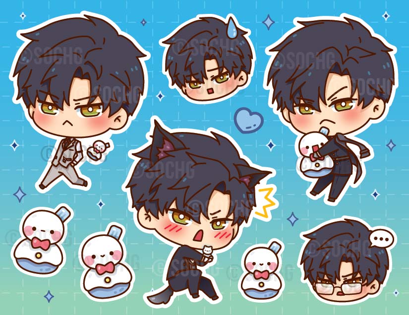 SoChg_'s tweet photo. Love and Deepspace boys are finally appearing in my merch ✨️ They're dropping as sticker sheets first, for Sakura-con next week :D

#LoveandDeespace #Rafayel #Sylus #Zayne #Xavier #ladstwt https://t.co/E0K7nklEb1