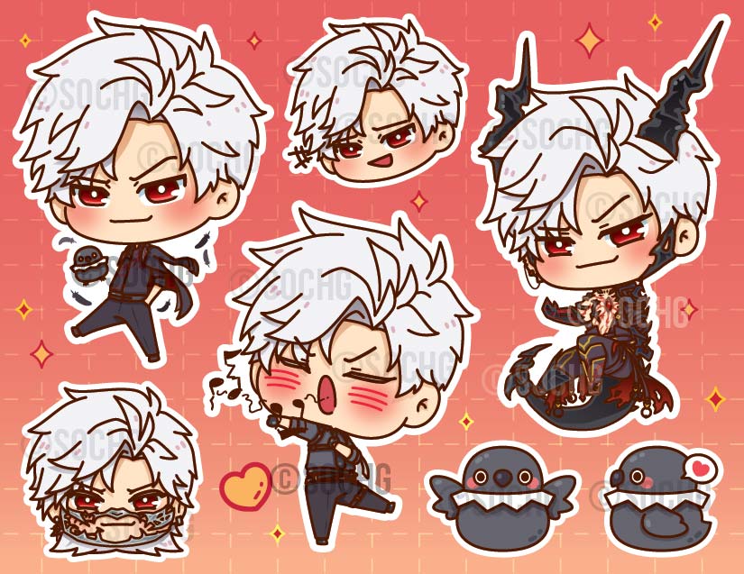 SoChg_'s tweet photo. Love and Deepspace boys are finally appearing in my merch ✨️ They're dropping as sticker sheets first, for Sakura-con next week :D

#LoveandDeespace #Rafayel #Sylus #Zayne #Xavier #ladstwt https://t.co/E0K7nklEb1