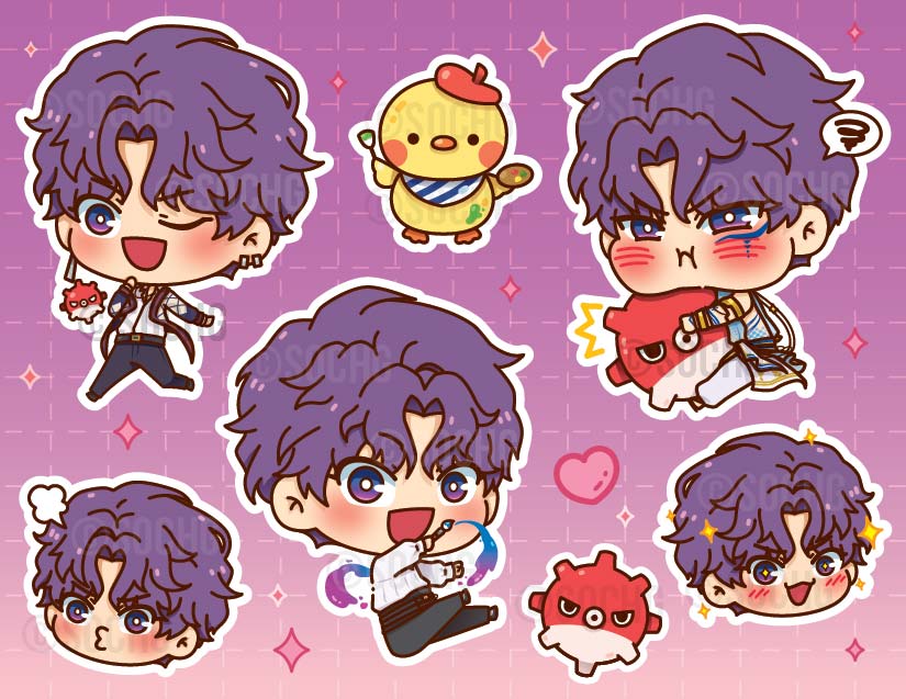 SoChg_'s tweet photo. Love and Deepspace boys are finally appearing in my merch ✨️ They're dropping as sticker sheets first, for Sakura-con next week :D

#LoveandDeespace #Rafayel #Sylus #Zayne #Xavier #ladstwt https://t.co/E0K7nklEb1