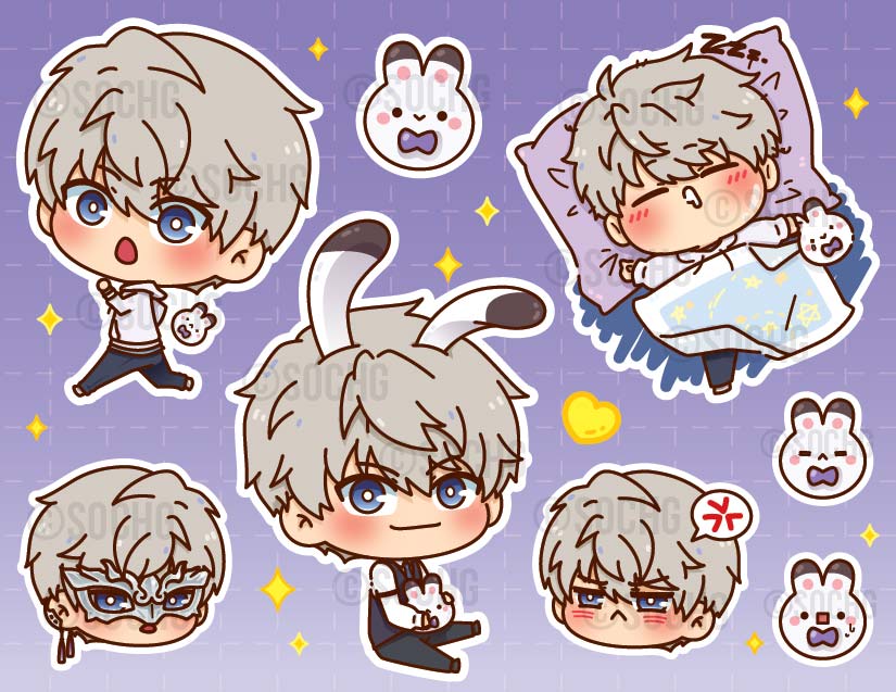 SoChg_'s tweet photo. Love and Deepspace boys are finally appearing in my merch ✨️ They're dropping as sticker sheets first, for Sakura-con next week :D

#LoveandDeespace #Rafayel #Sylus #Zayne #Xavier #ladstwt https://t.co/E0K7nklEb1