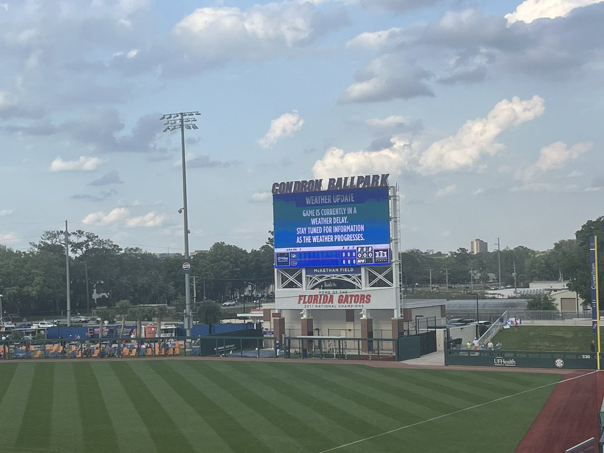 JMeyUF's tweet photo. Tonight’s game between the Florida Gators and Missouri Tigers, which was previously set to start at 6:30 p.m., has officially entered a weather delay. Still no word on when first pitch tonight will be. Stay tuned for updates as the evening goes on. @alligatorSports https://t.co/pYACZj8aJj