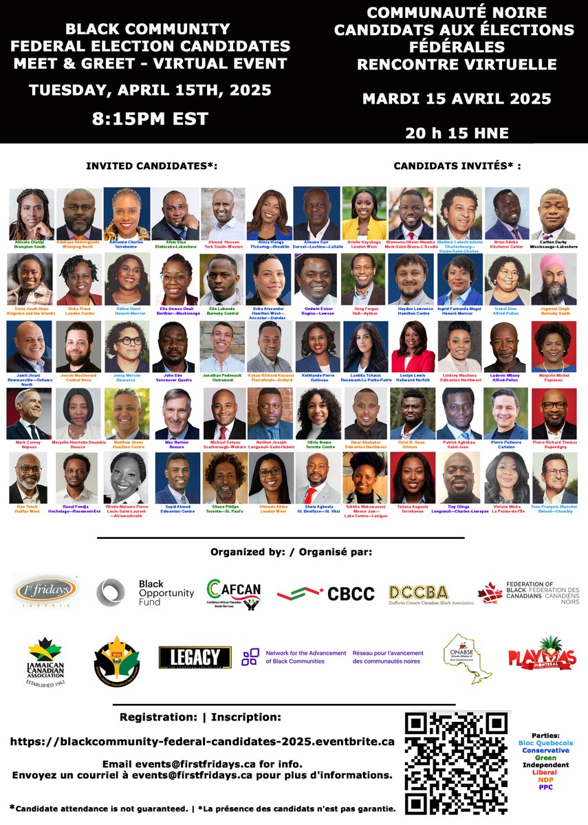 🗳️ Join us for a virtual Meet &amp; Greet with Black federal election candidates and party leaders across Canada.

Hear platform highlights, personal commitments &amp; how to support your candidate(s) of choice.

📅 Tues, April 15 | 8:15–10PM EST

Register: …federal-candidates-2025.eventbrite.ca