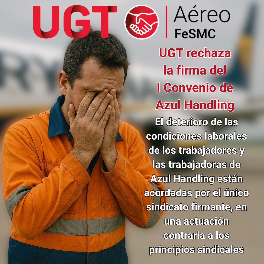 AereoUGT's tweet photo. #AéreoUGT
#ConvenioIndigno
#AzulHandling
El Sector Aéreo FeSMC-UGT rechaza la firma del I Convenio de Azul Handling https://t.co/QEM2JiEIeO