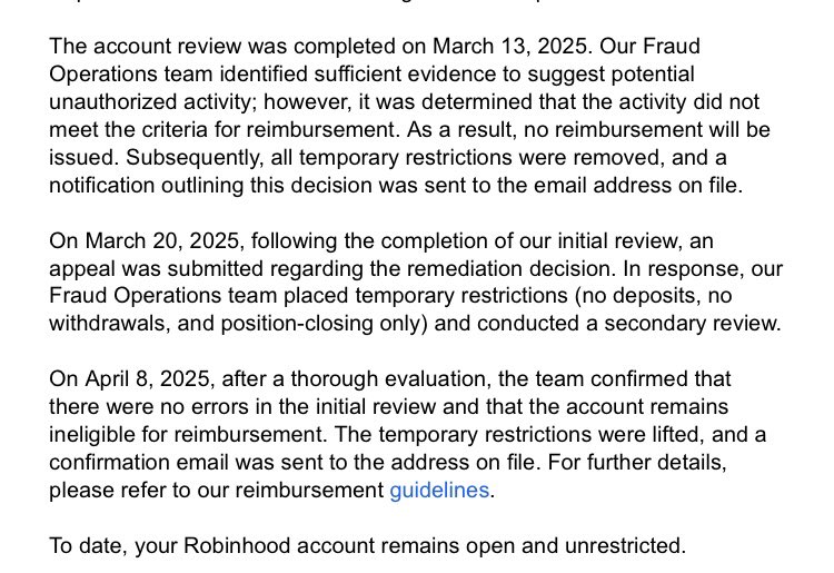 Please share this!! On 3-4 someone sold 5 figures worth of stocks and I tried to get a call back from <a href="/RobinhoodApp/">Robinhood</a> support and never got one. Then on 3-5 they add a debit card and transfer 5 figures. They admit there was fraud and evidence of it but want reimburse <a href="/vladtenev/">Vlad Tenev</a>
