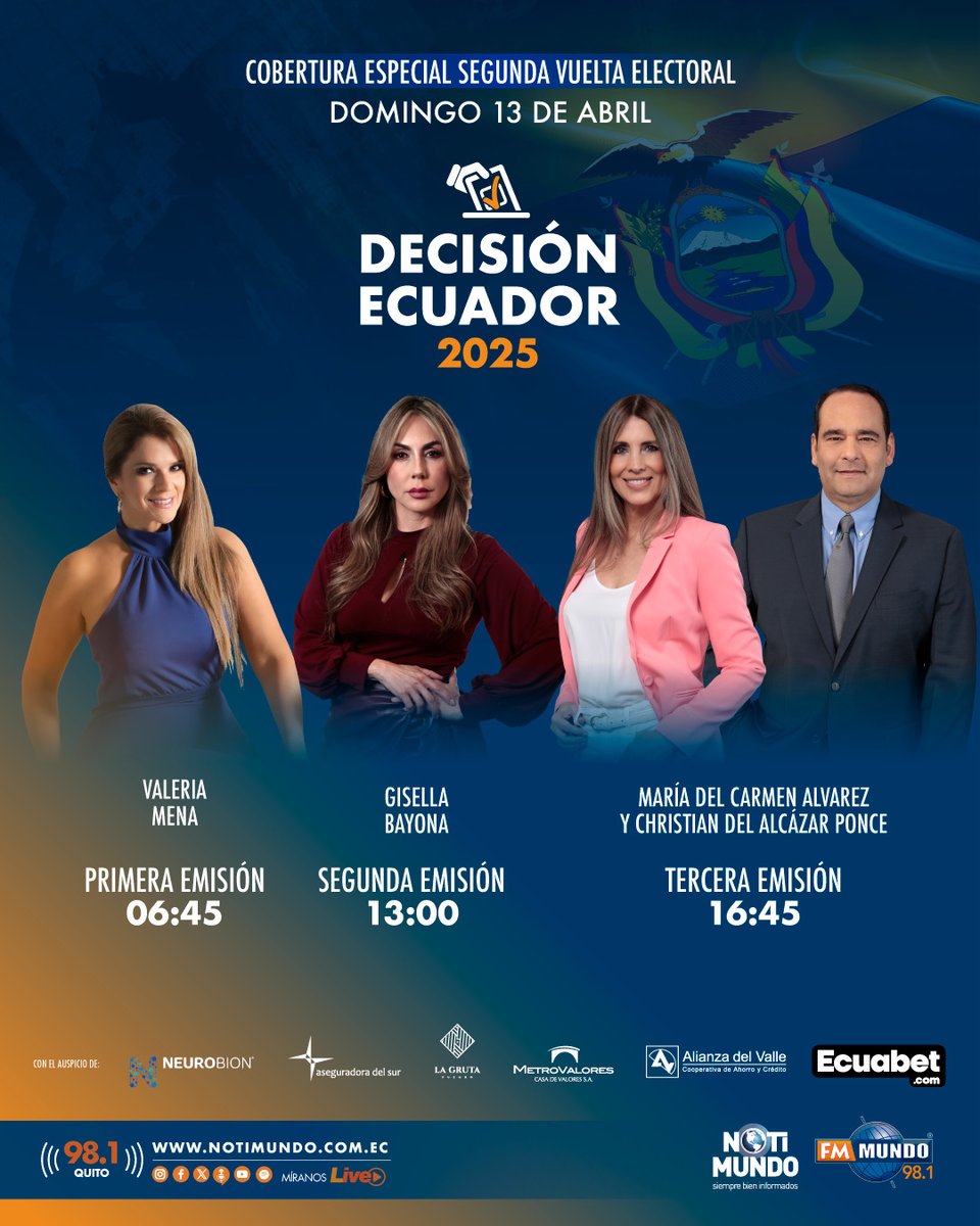 📌COBERTURA ESPECIAL #DecisiónEcuador2025 🗳️
Todos los detalles de la segunda vuelta electoral este domingo 13 de abril. 🇪🇨

·Primera emisión 06:45 con <a href="/ValeMenaS/">Valeria Mena</a>
·Segunda emisión 13:00 con <a href="/gisella_bayona/">Gisella Bayona</a>
·Emisión Estelar 16:45 con <a href="/cdaponce/">Christian Del Alcázar Ponce</a> y Ma. Del Carmen Alvarez.

📻 98.1